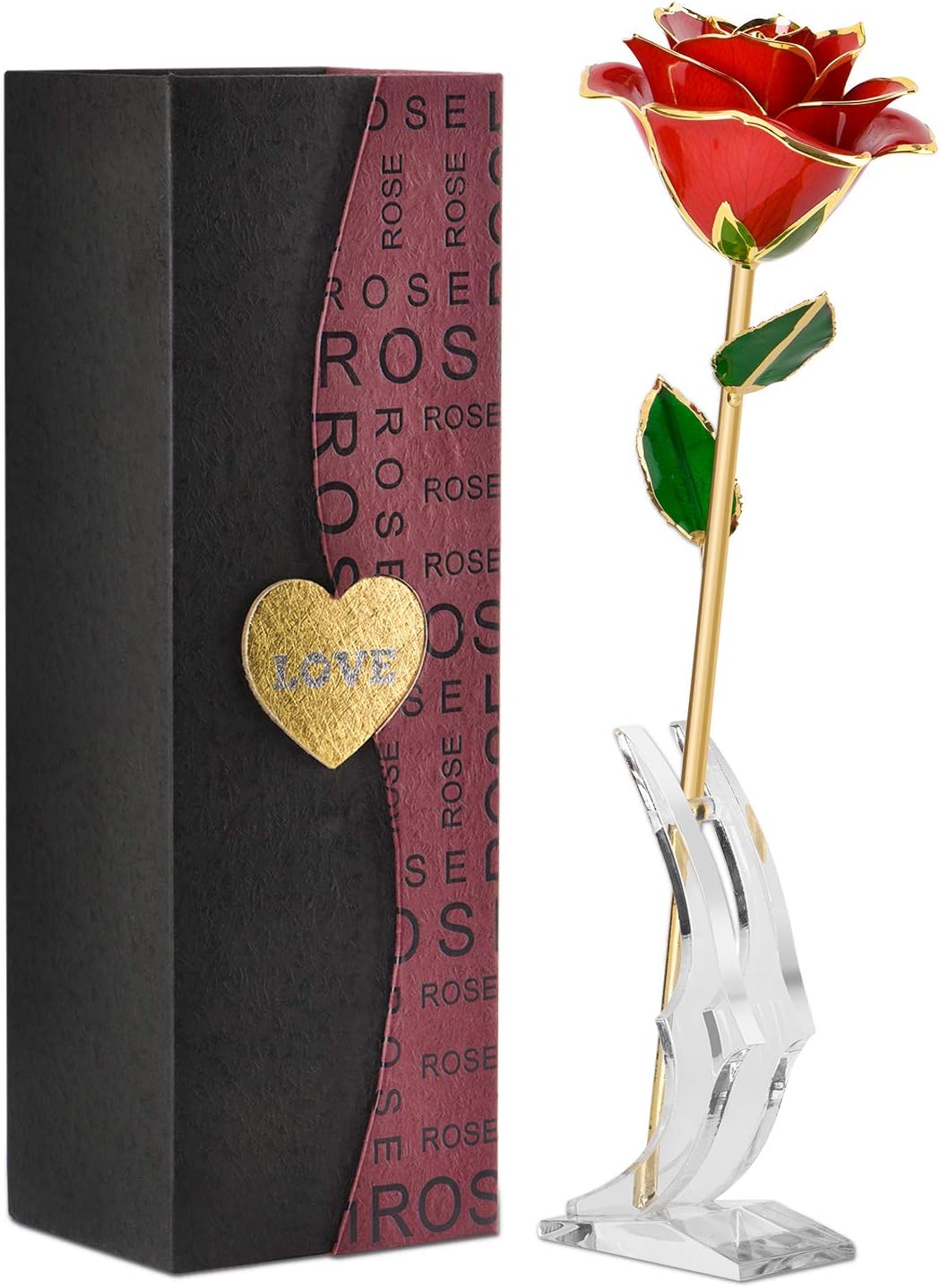 24K Gold Rose, Long Stem with Display Stand in Gift Box, Gift for Girlfriend, Romantic Gift for Valentines Day, Mothers Day, Anniversary, Birthday Gift, Galentines Day (Red)