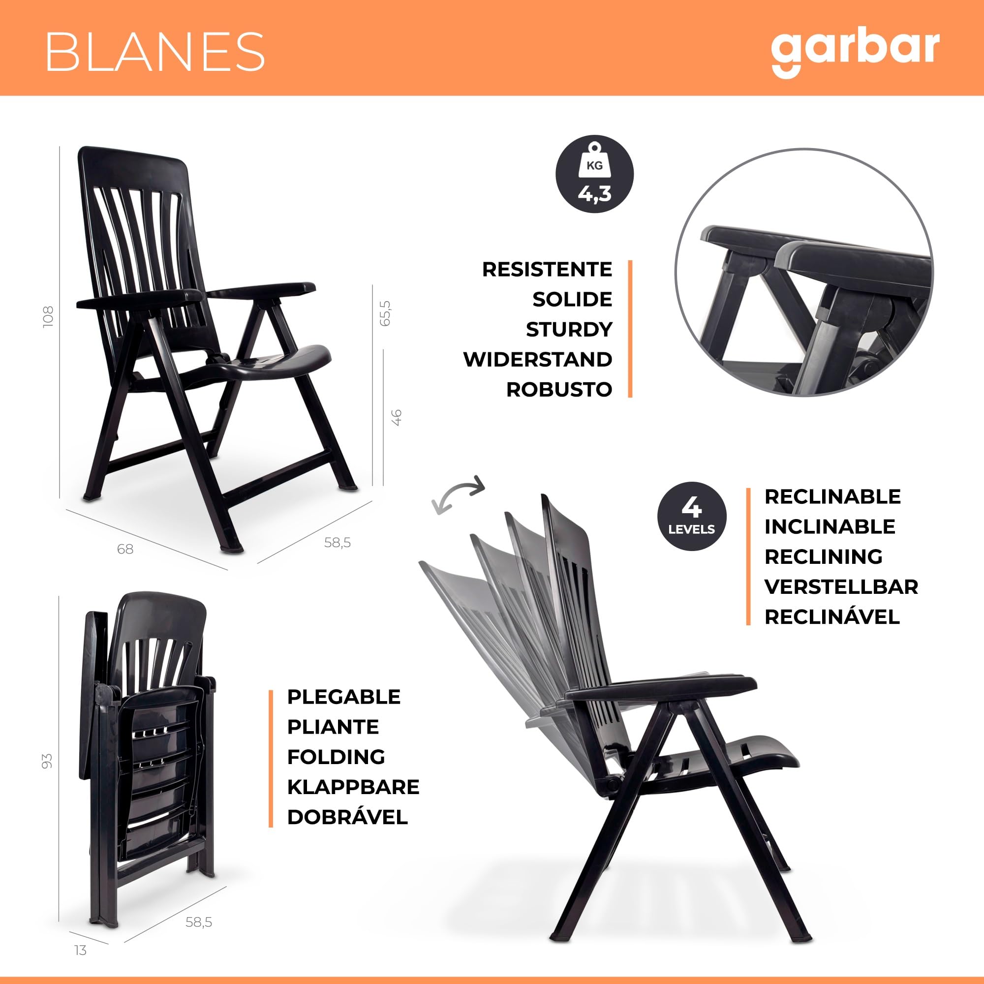 GARBAR BLANES Set 2 Silla con Brazos Multiposiciones Exterior | jardín, terraza, balcón, Playa, Piscina, Picnic, Camping, Catering | diseño, Ligero, Plegable, reclinable | Blanco