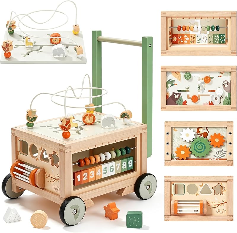 Wooden Baby Walker - 9-in-1 Push Walker with Activity Cube | Activity Center with Shape Sorter, Gears, Sit-to-Stand Learning Walker, Adjustable Speed & Height, Gift for boys & girls