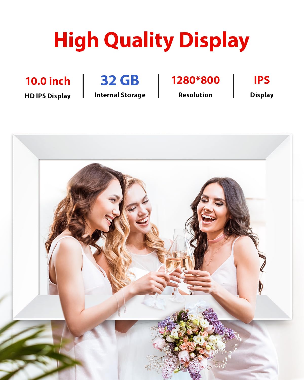 10,1 Zoll WiFi Digitaler Bilderrahmen, 1280x800 HD IPS Touchscreen Foto Rahmen, 32GB Speicher, Automatische Rotation, Wandmontagefähig (White, Frameo 10)
