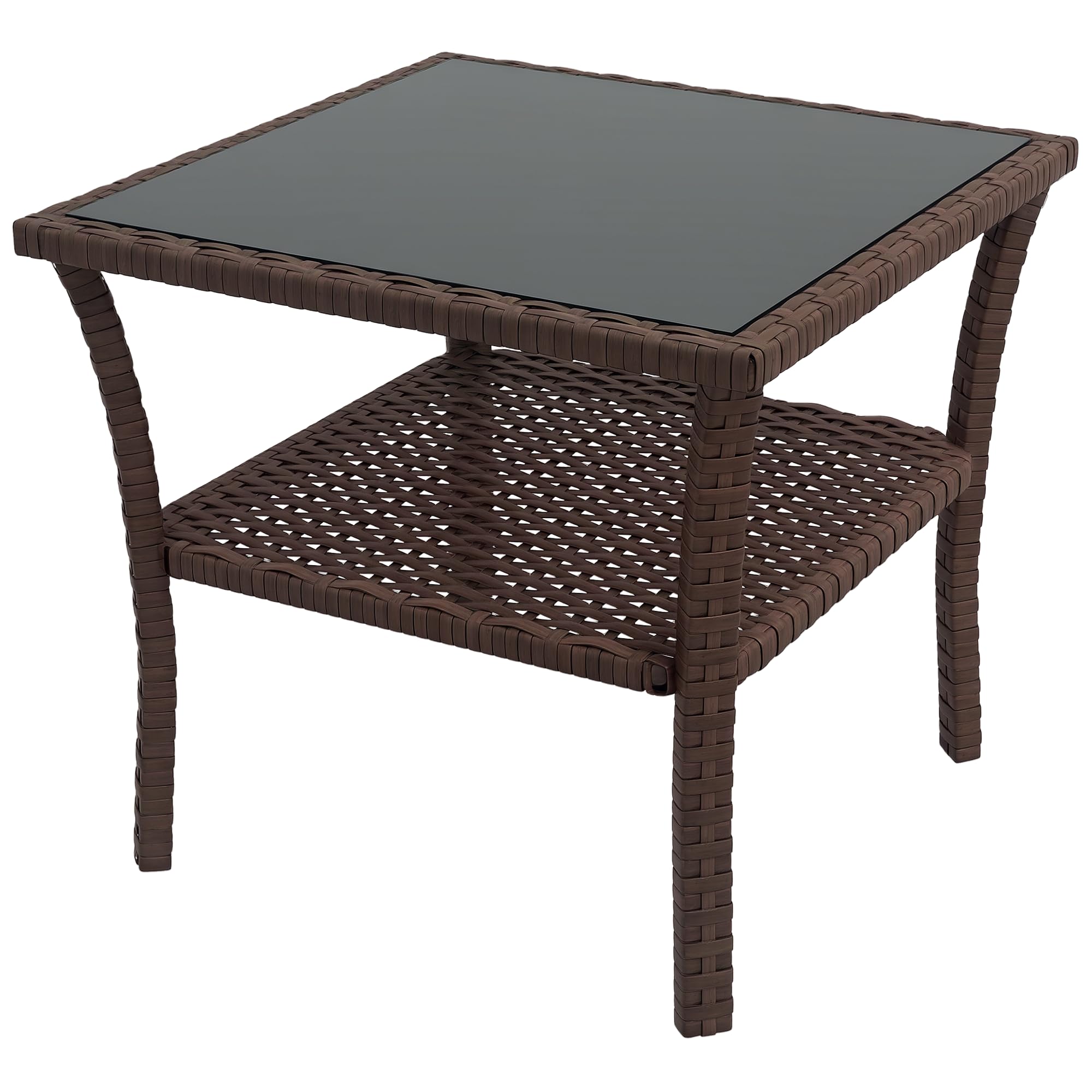 Outsunny Rattan Table Square 50 x 50 x 45 cm Garden Table with Shelf Glass Board and Steel Frame Load 30 kg for Terrace Patio Brown