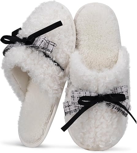 RDHOSUPY Fuzzy Slippers for Women Cute Curly Bow Slip on Slippers Memory Foam House Shoes for Women