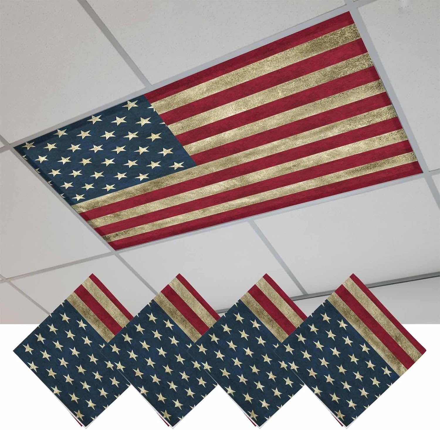 4PCS Fluorescent Light Covers - Lampshade Ceiling Lights with 10 Magnets Fixtures, Classic American Flag Print Light Filters Cover Panel for Any Place Supplies - - Reduce Glare for Indoor