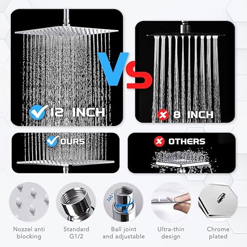 Miniatura 4 de Cabezal de ducha de lluvia de 12 pulgadas con combo de mano de alta presión 8+2 modos de lavado de energía integrado, cabezal de ducha cromado de