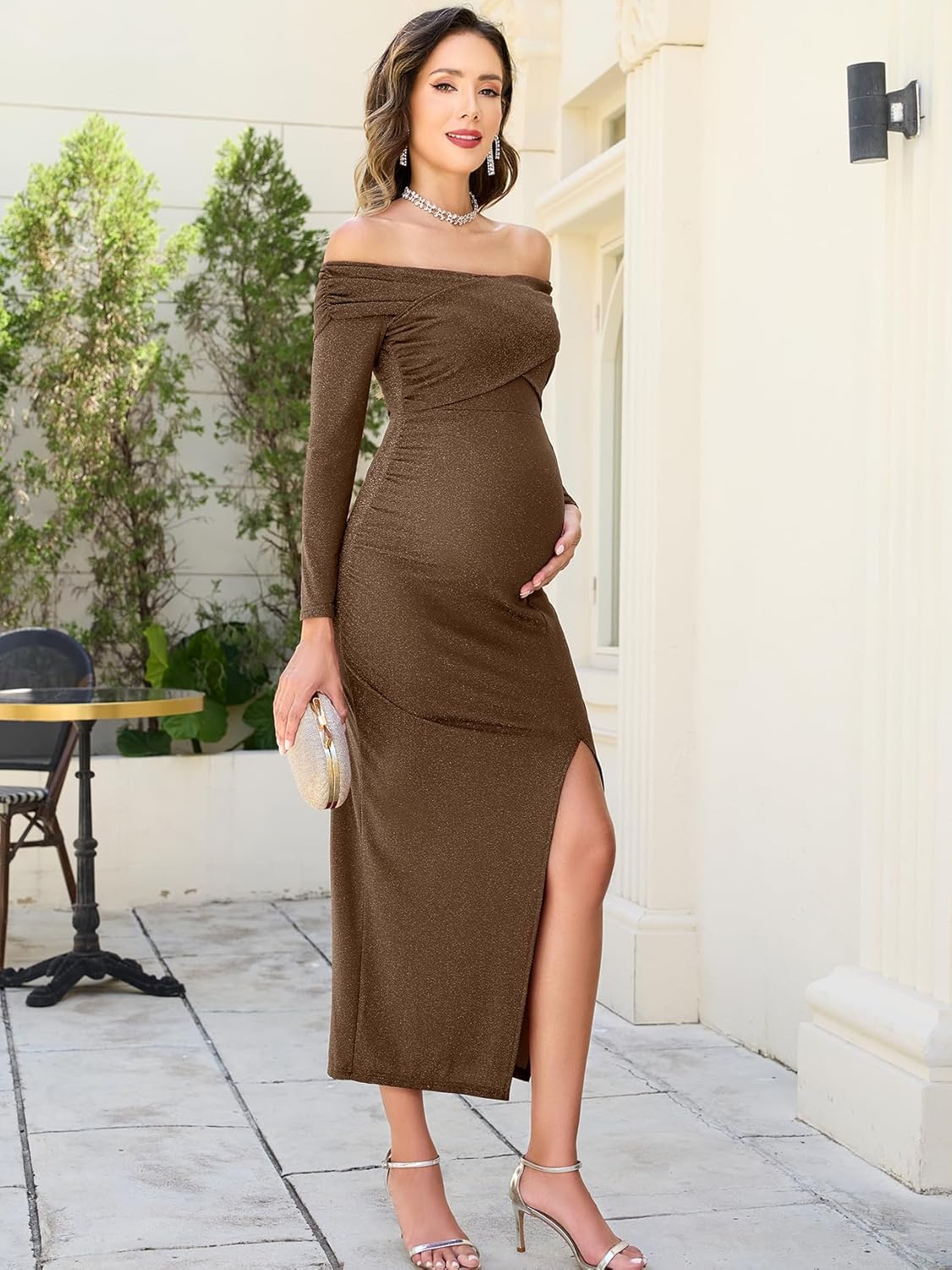 Off Shoulder Maternity Sparkly Split Dress Long Sleeve Fitted Pregnancy Dresses Semi Formal Baby Shower Photoshoot - Image 5