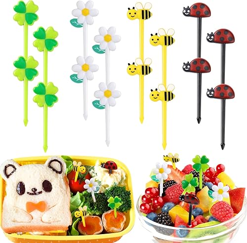 AIERSA Púas de comida para niños, caja Bento de 16 piezas, abejas reutilizables, margaritas, trébol de cuatro hojas, palillos de frutas de comida de
