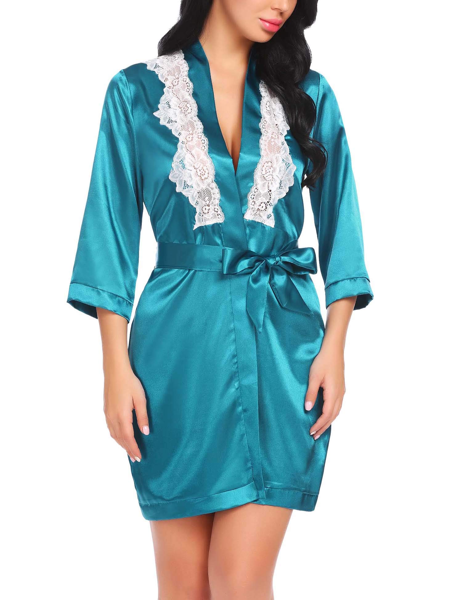 wearellaWomen Lace Kimono Satin Robe Short Bathrobe Sleepwear Lightweight Loungewear Green L