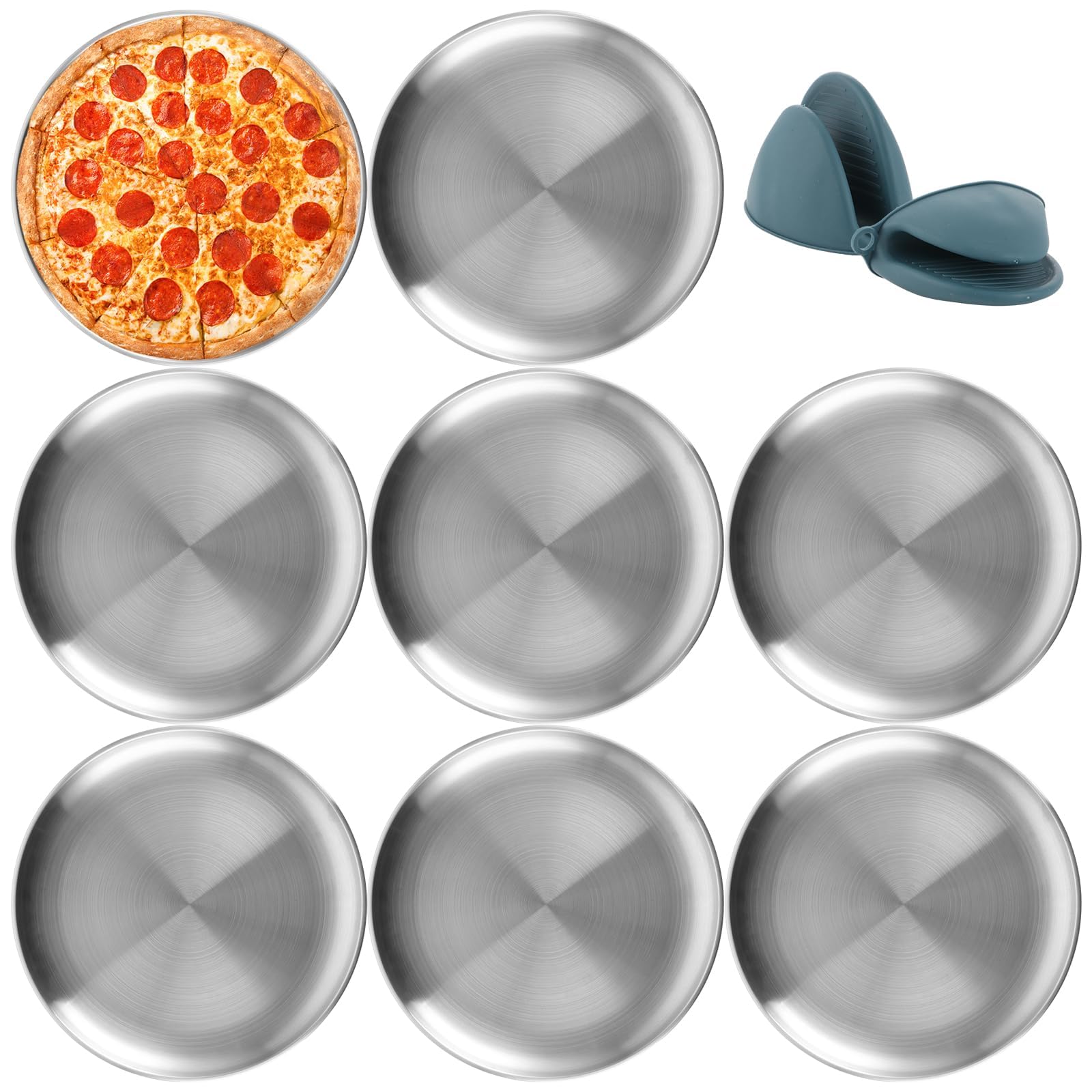 YAYODS Set di 8 Teglie per Pizza Ø 30 cm in Acciaio Inox, Piatti per Pizza Antiruggine e Senza Rivestimento, Resistenti al Calore per Forno e Griglia, Include 2 Presine in Silicone Antiscivolo