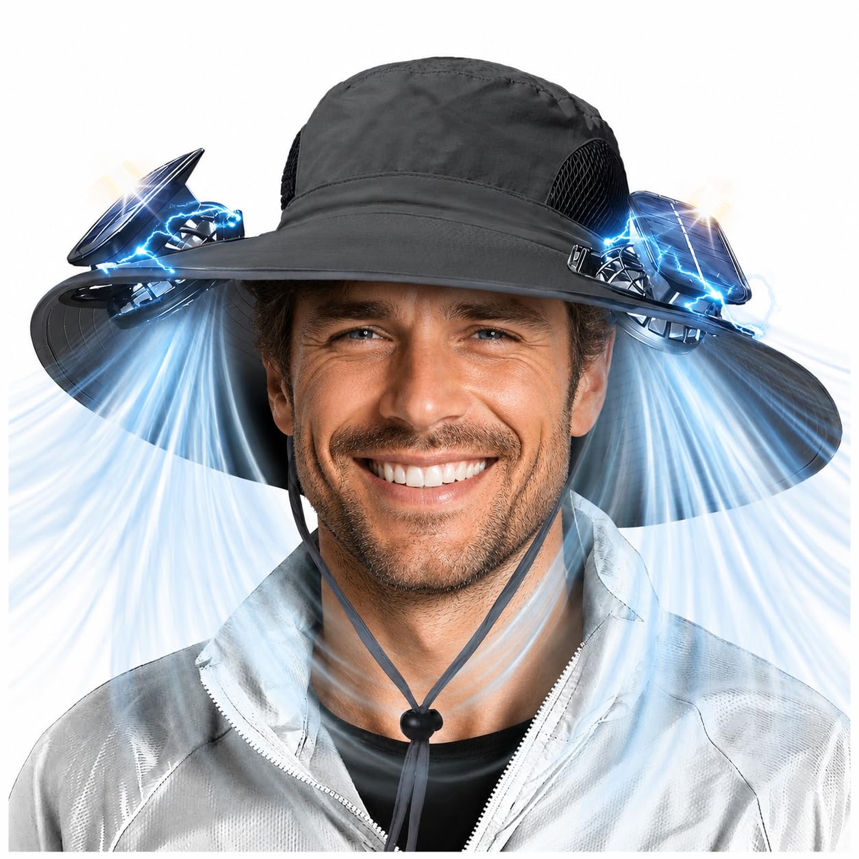 Chapeau de Fan Solaire à Bord Large,Chapeau de Pêche pour Protection Solaire avec 2 Ventilateurs Chapeaus Rafraîchissant avec Solaire Et USB Chargement pour Hommes Femmes