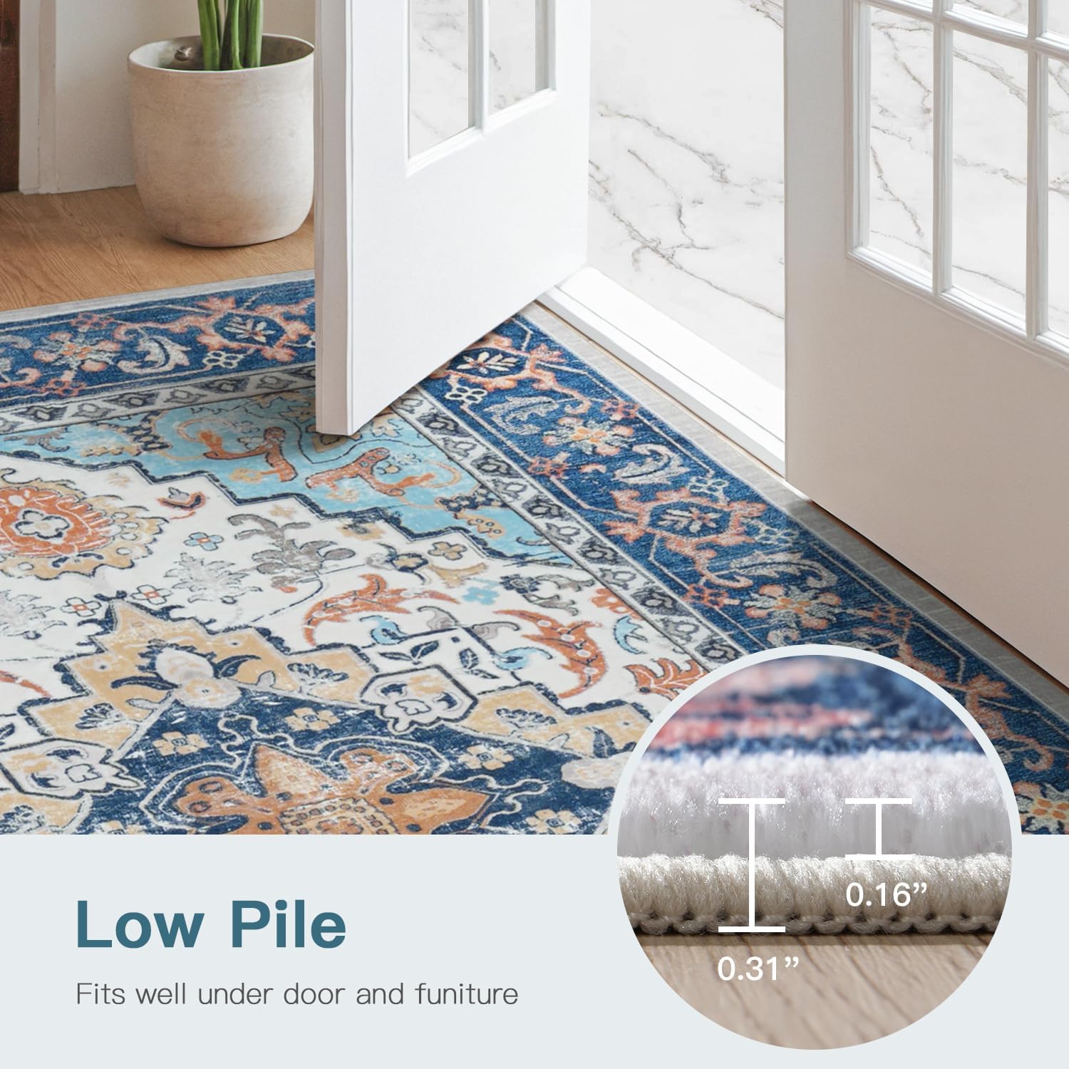 Lofus 2x6 Hallway Washable Runner Rug, Vintage Kitchen Runners Non Slip, Entryway Rugs for Bathroom Bedroom Living Room Laundry Room Floor Mat, Boho Entry Long Carpet, Floral Blue