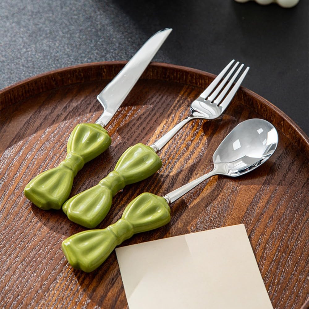Bowknot Manico in Ceramica Cucina in Acciaio Inox Argenteria Stoviglie Posate Set Posate Bistecca Coltello Forchetta Cucchiaio Cucchiaio Cucchiaino (Nero,12 pezzi)