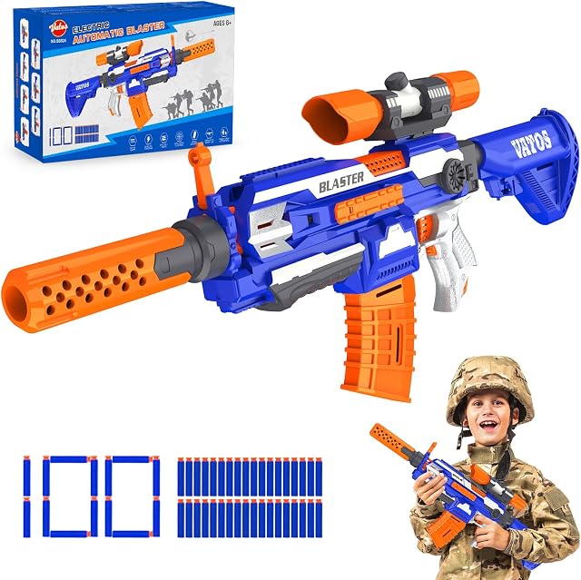 VATOS Toy Gun for Nerf Guns - Automatic Machine Gun for Boys Girls Sniper Rifle with Scope Electric Toy Foam Blaster 100 PCS Darts | Adjustable Length DIY Shooting game for Kids 6-12 Years Old Adults