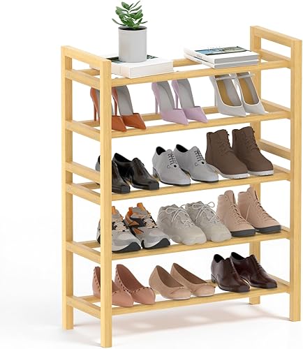 Miniatura 20 de Haddockway Zapatero de bambú para armario, organizador de zapatos independiente con varillas redondas suaves y asas prácticas, estante apilable de