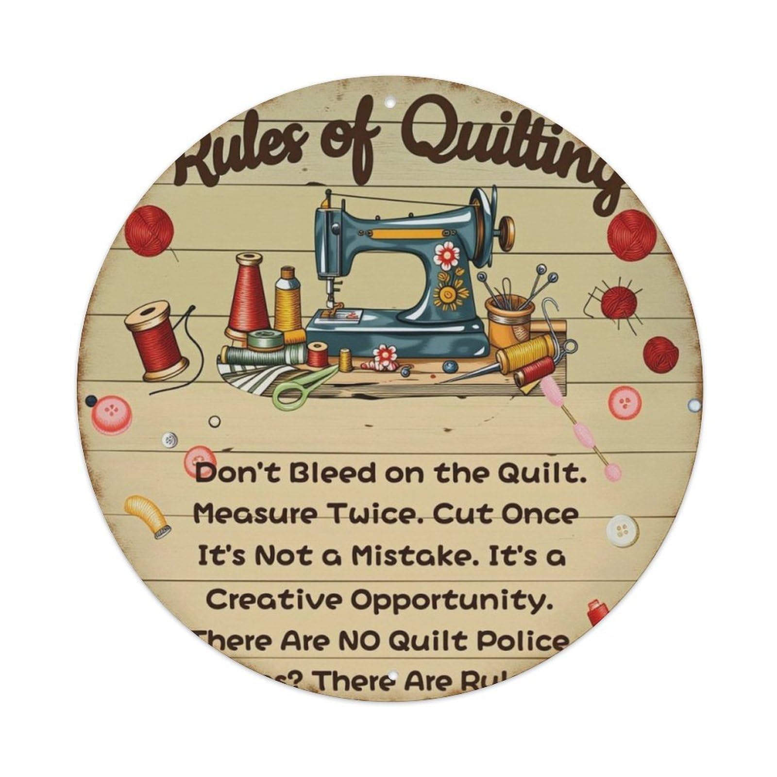 Vintage Quilting Sewing Rules Round Sign Vintage Aluminium Metal Sign, Retro Wall Decor for Home, Bar, Garage & Farmhouse 20x20cm