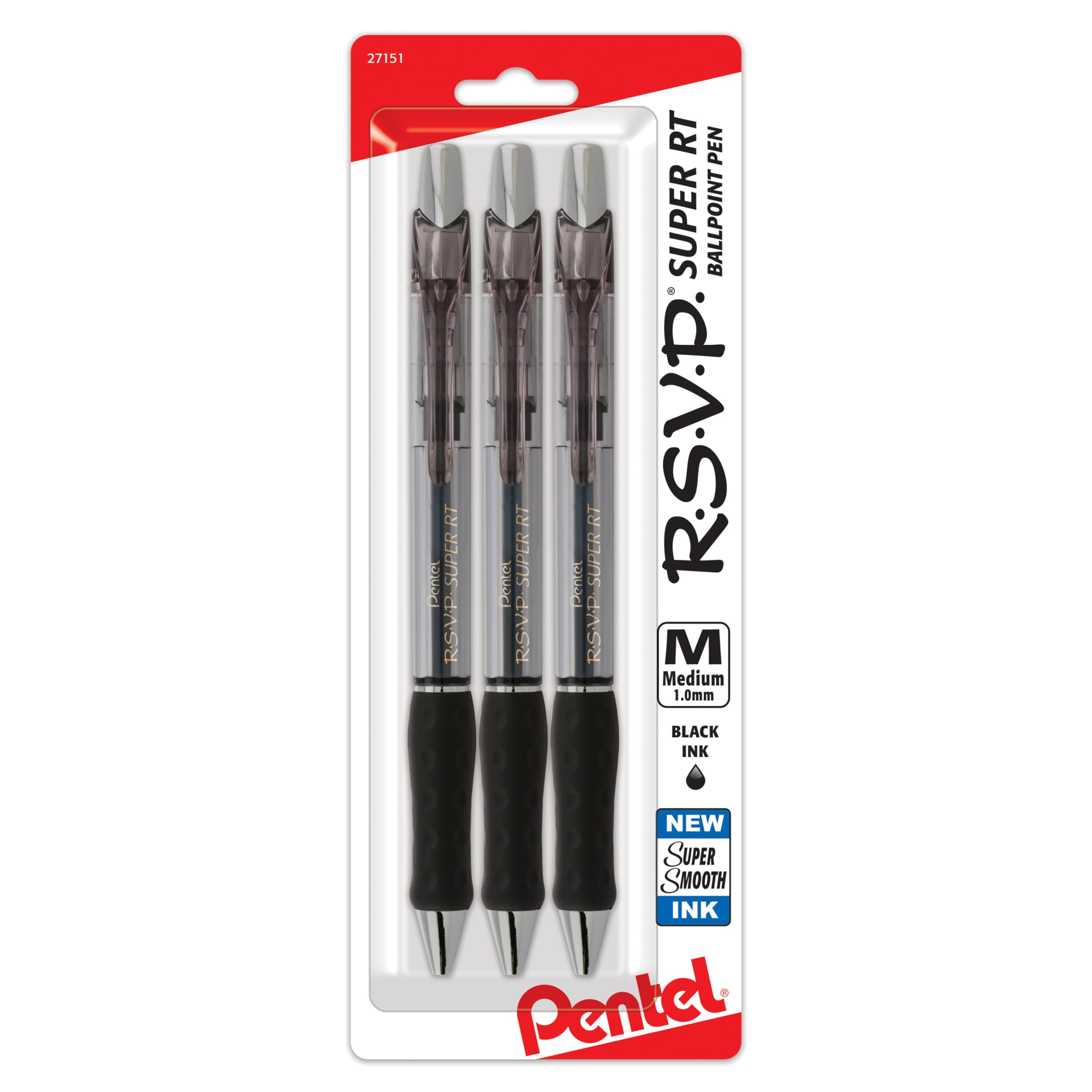 Pentel RSVP Super RT Ballpoint Pen, (1.0mm) Medium Line, Black Ink, Pack of 3 (BX480BP3A)