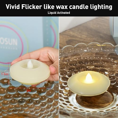 Miniatura 3 de Velas flotantes LED de cera parpadeante de 3 pulgadas, velas flotantes sin llama, velas de té activadas por agua para el hogar, boda, fiesta, centro