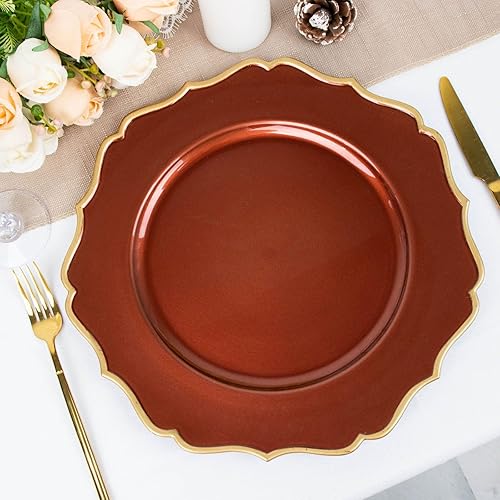 Efavormart - Paquete de 6 platos de plástico con borde festoneado redondo de 13 pulgadas, terracota y oro, decoración de vajilla de mesa