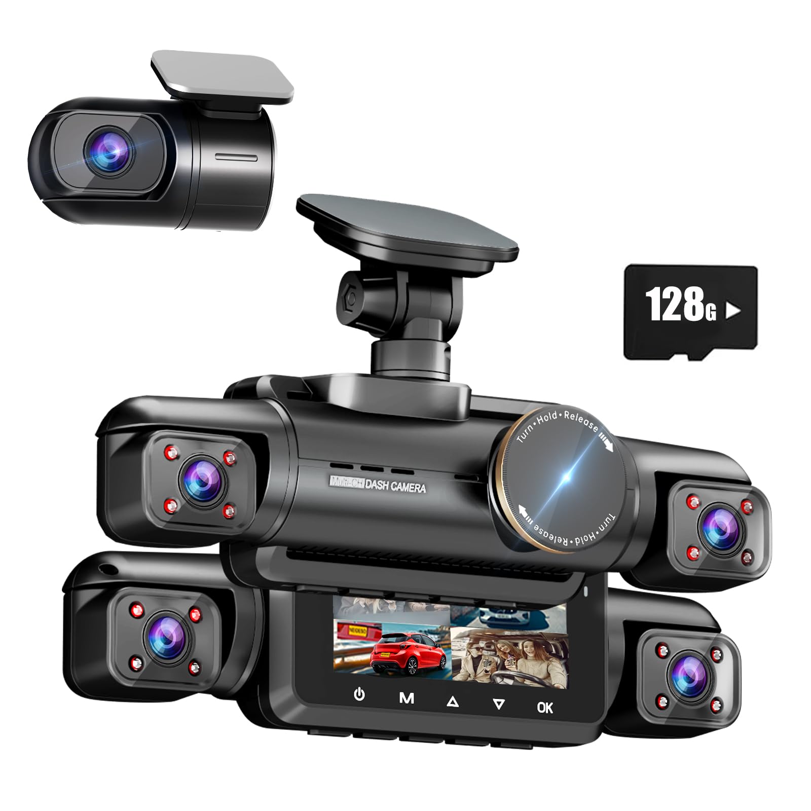 AI Dash Cam Front Rear Inside, 4 Channel 3k+1080P*3 Dashcam with Smart Driving Monitor System, 360° View Car Cameras 5GHz Wi-Fi GPS, Camera for Car Night Vision 128GB SD Card, 24H Parking Mode N700Pro