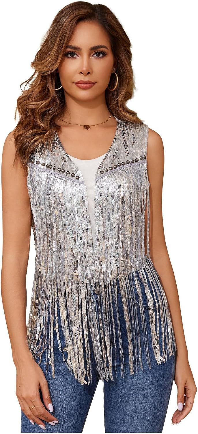 Women's Sequin Tassel Vest, Sleeveless Sparkly Western Fringe Cowgirl Outfit, Glamorous Sequin Fringed Top for Festivals, Parties & Special Occasions (Medium)
