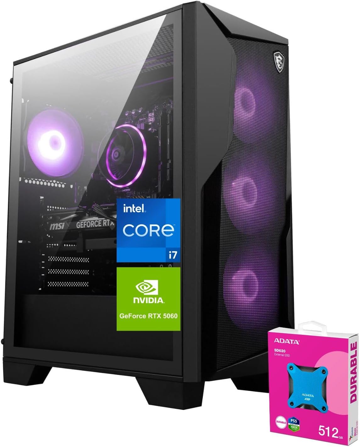 msi Codex R2 RTX 5060 Ti Gaming Tower Desktop, Intel Core i7-14700F, 64GB DDR5 RAM, 2TB SSD, DP, RGB Backlit KB & Mouse, RJ-45, Bundle with Adata 512GB SD620 SSD, Wi-Fi 7, Win 11 Home, Black