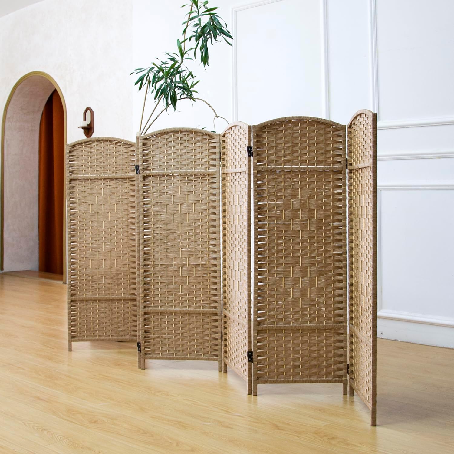 furnnylane 6 panel rattan divider short room partition screen,double sided folding divider for room separation,light brown,47.2" h x 94.5" w light brown 6 panel