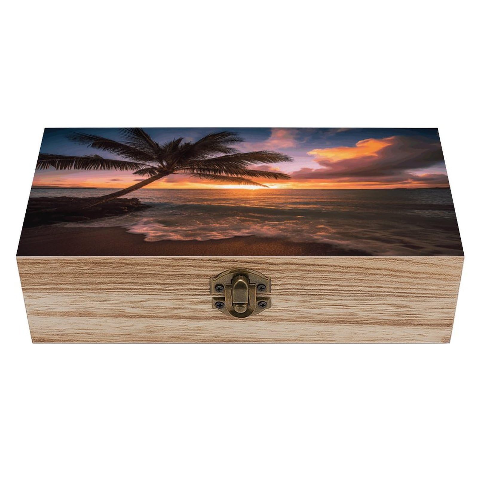 VstaDank Palm Tree Sunset Beach Wooden Storage Box Wooden Keepsake Box with Hinged Lid Exquisite Solid Wood Decorative Jewelry Case Memory Box for Jewelry Photos Letters Crafts Trinkets
