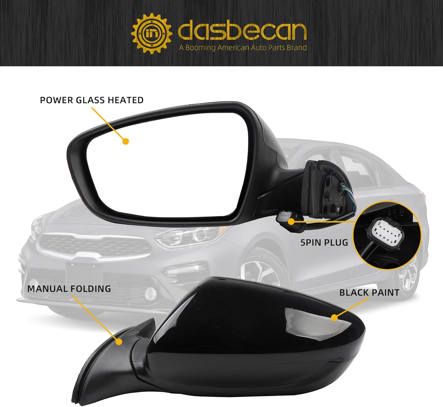Dasbecan Left Driver Side Mirror Compatible With 2013 2014 2015 Kia Forte Rear view Mirror Black With Manual Folding,Heated,Power Glass Replace# 87610A7200(5 Pins)
