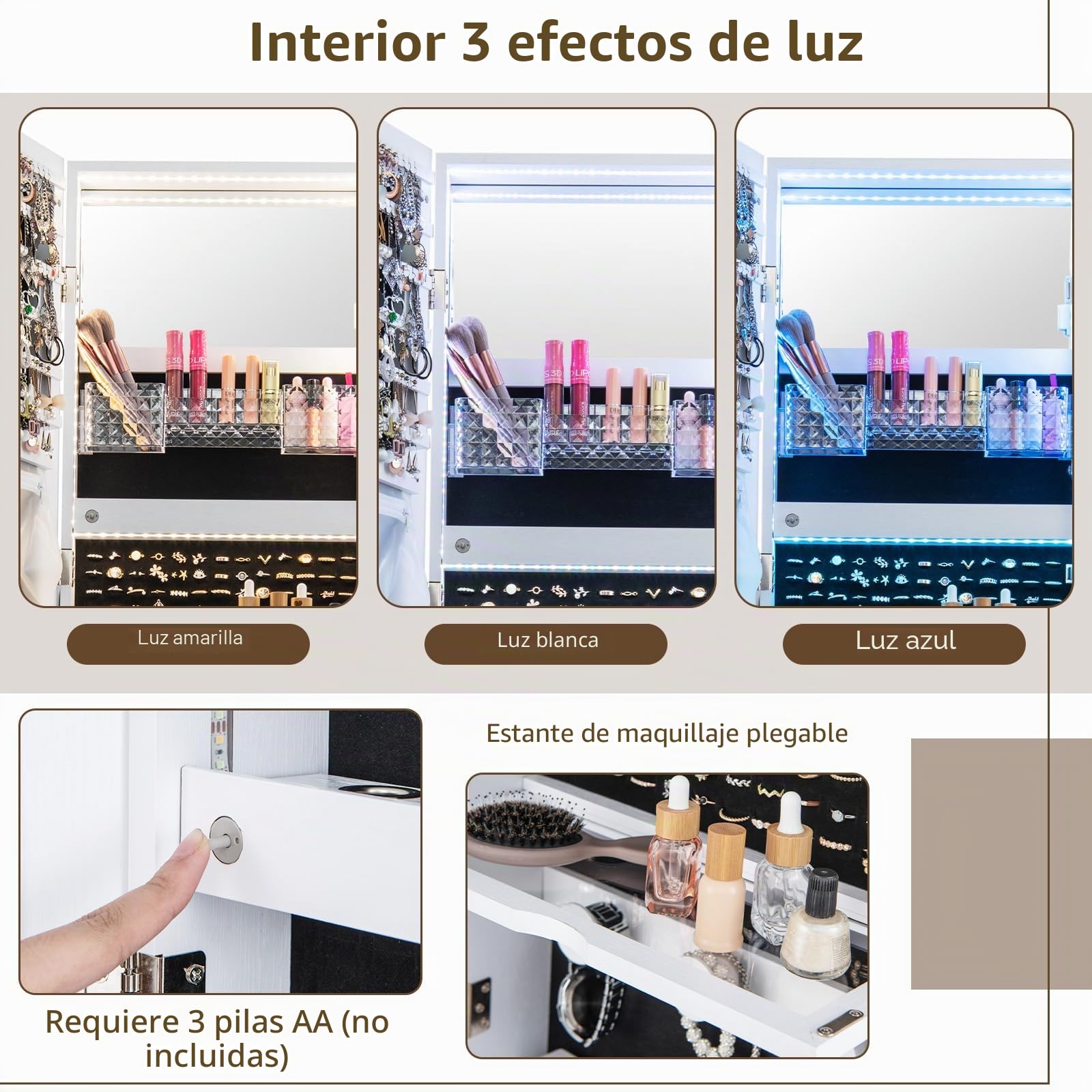 RELAX4LIFE Espejo joyero de suelo, armario joyero con luces LED, 3 ángulos ajustables, 4 ruedas universales, organizador para joyas y accesorios (blanco, 35 x 42 x 159 cm)