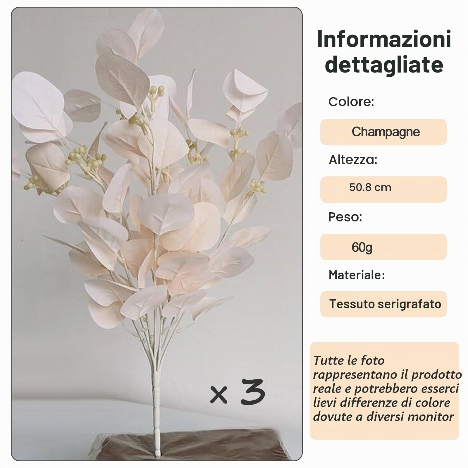 Eucalyptus Stems Leaves Artificial Flowers Long Silver Dollar Leaves Faux Bouquets Branches Decoration for Home Flower Arrangement Wedding Table Festival Farmhouse Party Halloween Deco (Champagne)