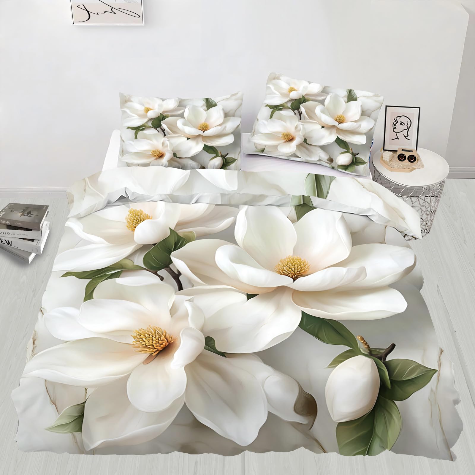 Vintage Floral Duvet Cover Super King Elegant White Magnolia Comforter Cover Fresh Botanical Comforter Set Oriental Flowers Bedding Set with Pillowcases with Zipper Ties