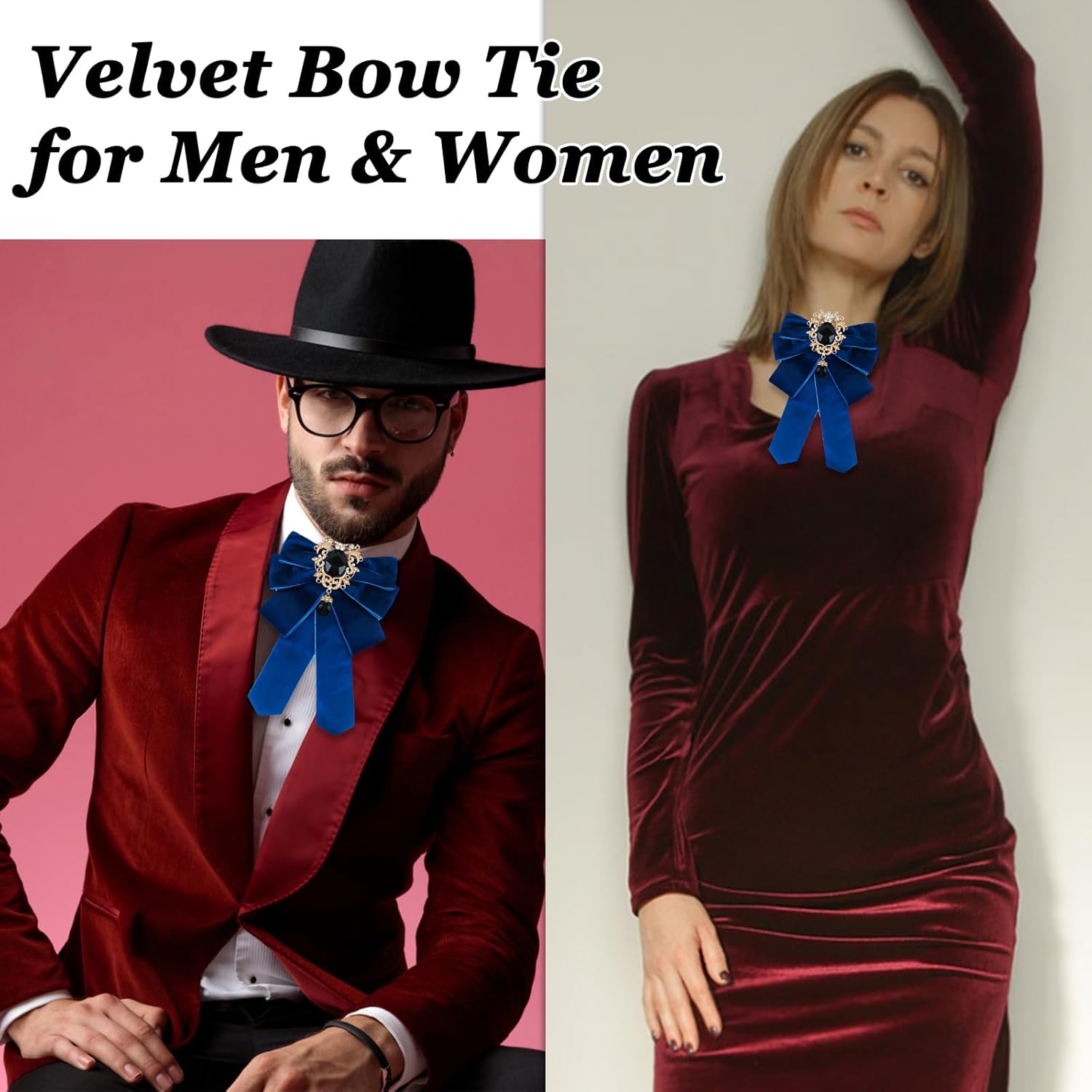 Velvet Bow Ties for Men and Women Pre-tied Rhinestone Bow Tie for Tuxedo Party Prom Holiday - Image 2