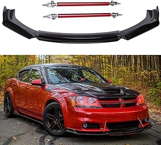 Universal Front Bumper Lip Body Kit, ABS Front Spoiler Black Front Bumper Lip Splitter Body Kit with Red Strut Rods