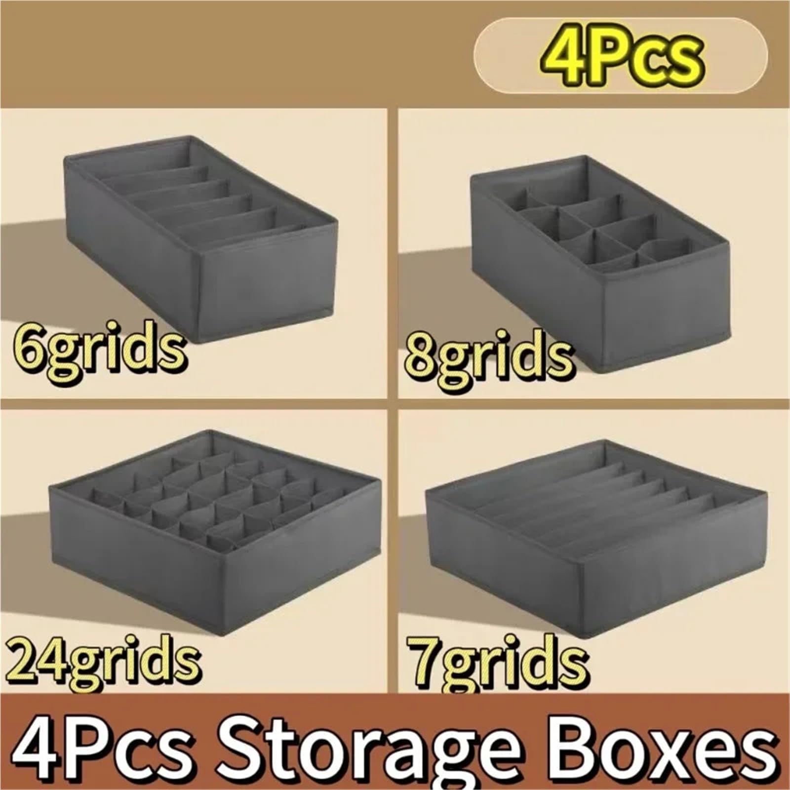 Organizador Calcetines Caja de almacenamiento de ropa interior, juego de seis piezas plegable no tejido, acabado de cajón de calcetines, sujetador, 4 Uds./1 Juego(Yellow-4pcs)