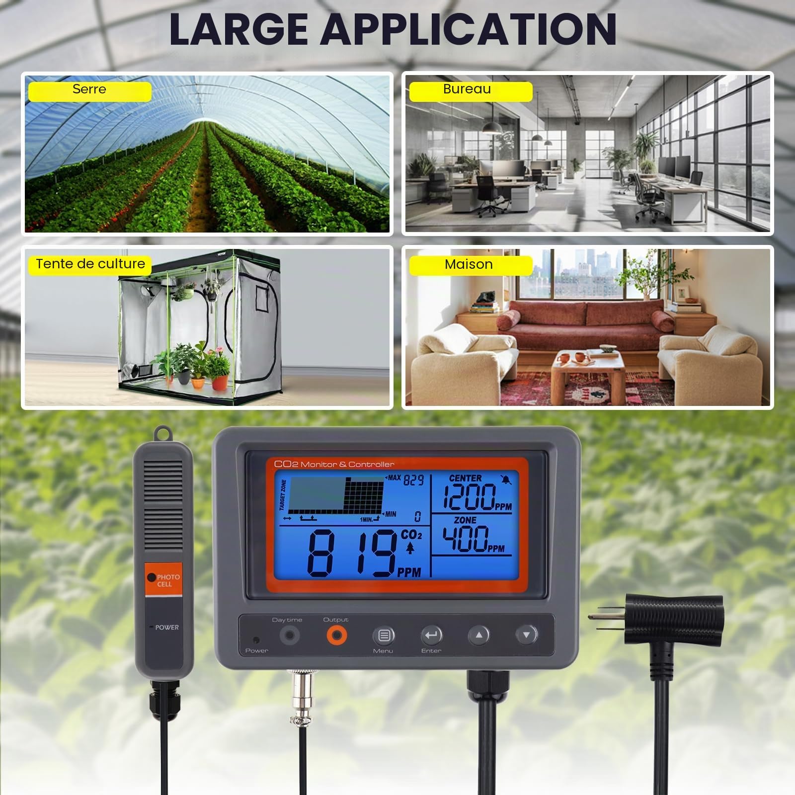Contrôleur de CO2 Contrôleur de dioxyde de Carbone Moniteur de CO2 Fonction Relais Jour et Nuit, capteur de CO2 NDIR pour Serre, salles de Culture, Usine, Maison, Bureau