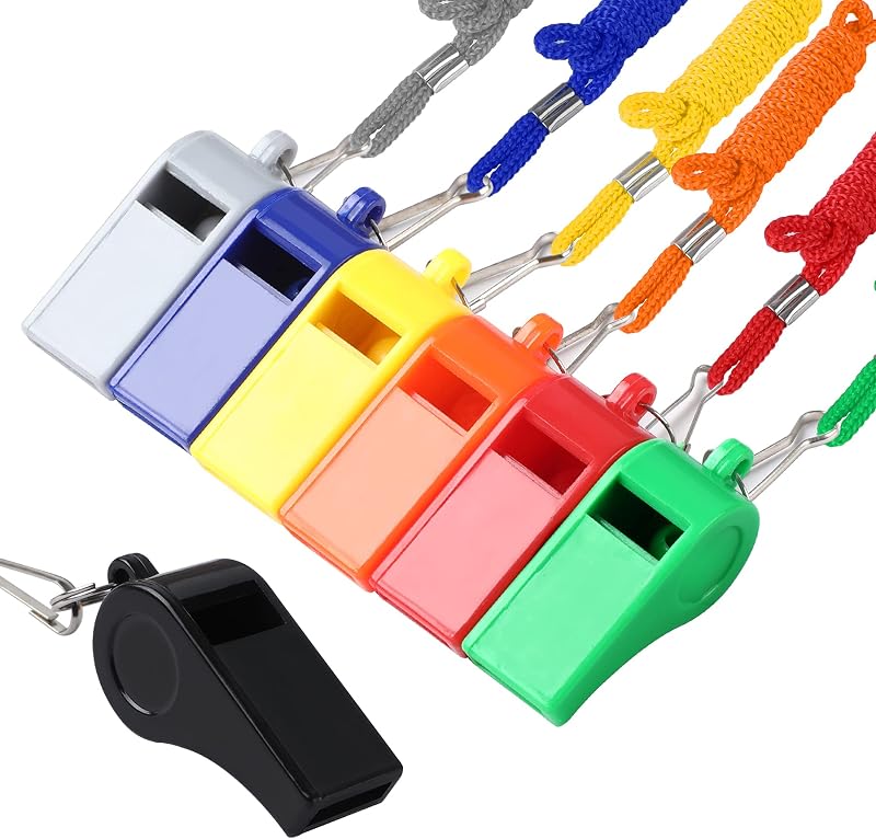 SANNIX Paquete de 7 silbatos, silbatos para entrenadores con cordón, silbatos deportivos, silbatos de sonido fuerte y nítido para árbitros, entrenamiento, gimnasios, emergencia
