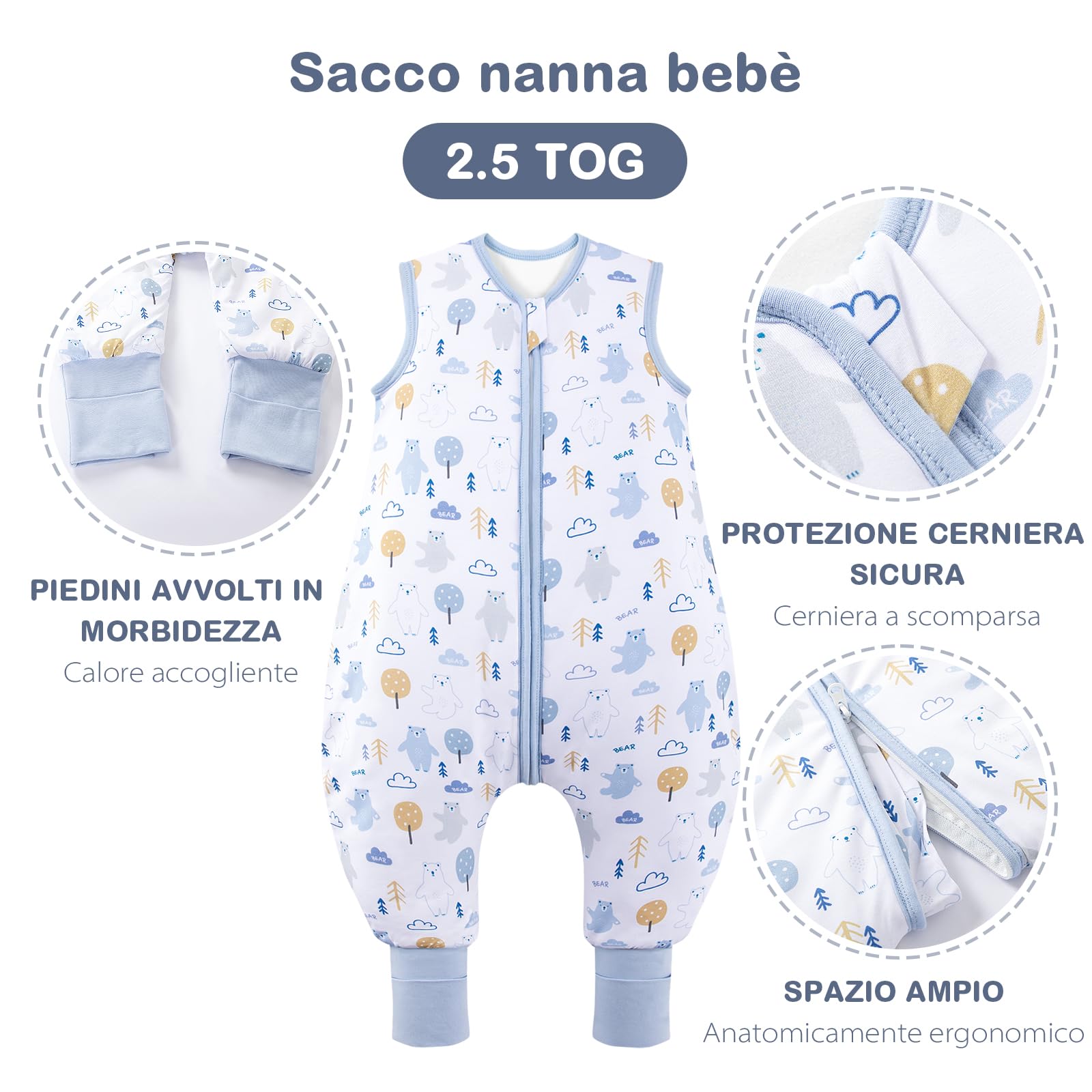 ToyaTec Sacco nanna con piedi, 2,5 Tog, super morbido, realizzato in rayon di bambù, per bambini, in fibra di bambù, per l'inverno, per l'autunno e l'inverno (orsi, 100cm (3-5 Jahre))