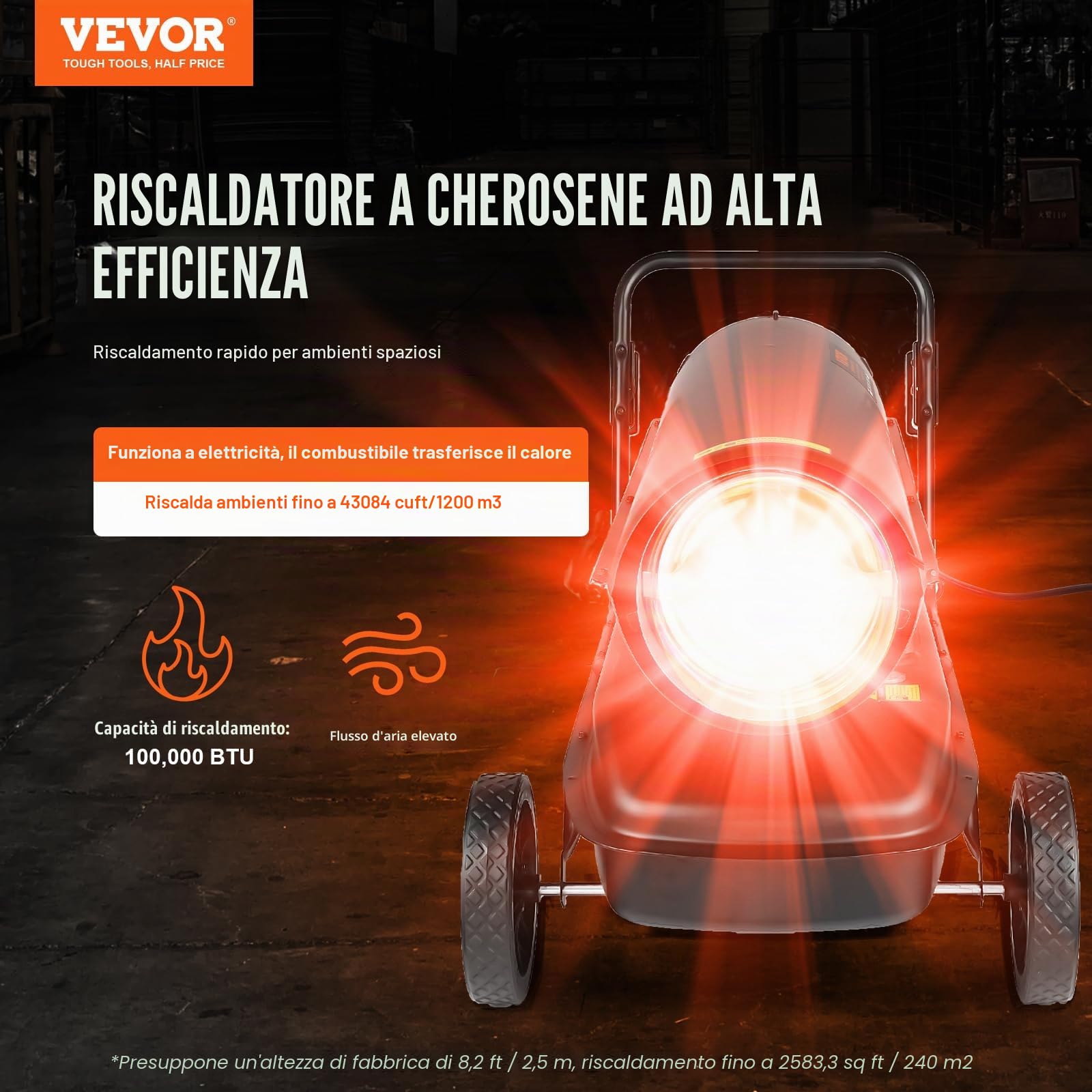 VEVOR Riscaldatore ad Aria Calda Diesel a Cherosene 100000 BTU, Torpedo Riscaldatore d'Ambiente Portatile con Controllo Termostato Serbatoio 38 L per Interni Esterni, per Officine Industriali, Nero