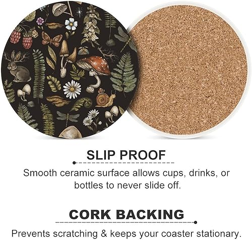 Miniatura 6 de Posavasos botánicos, posavasos redondos de cerámica redondos, 4 unidades, diseño de plantas vintage, diseño botánico de dibujos animados, hongos,