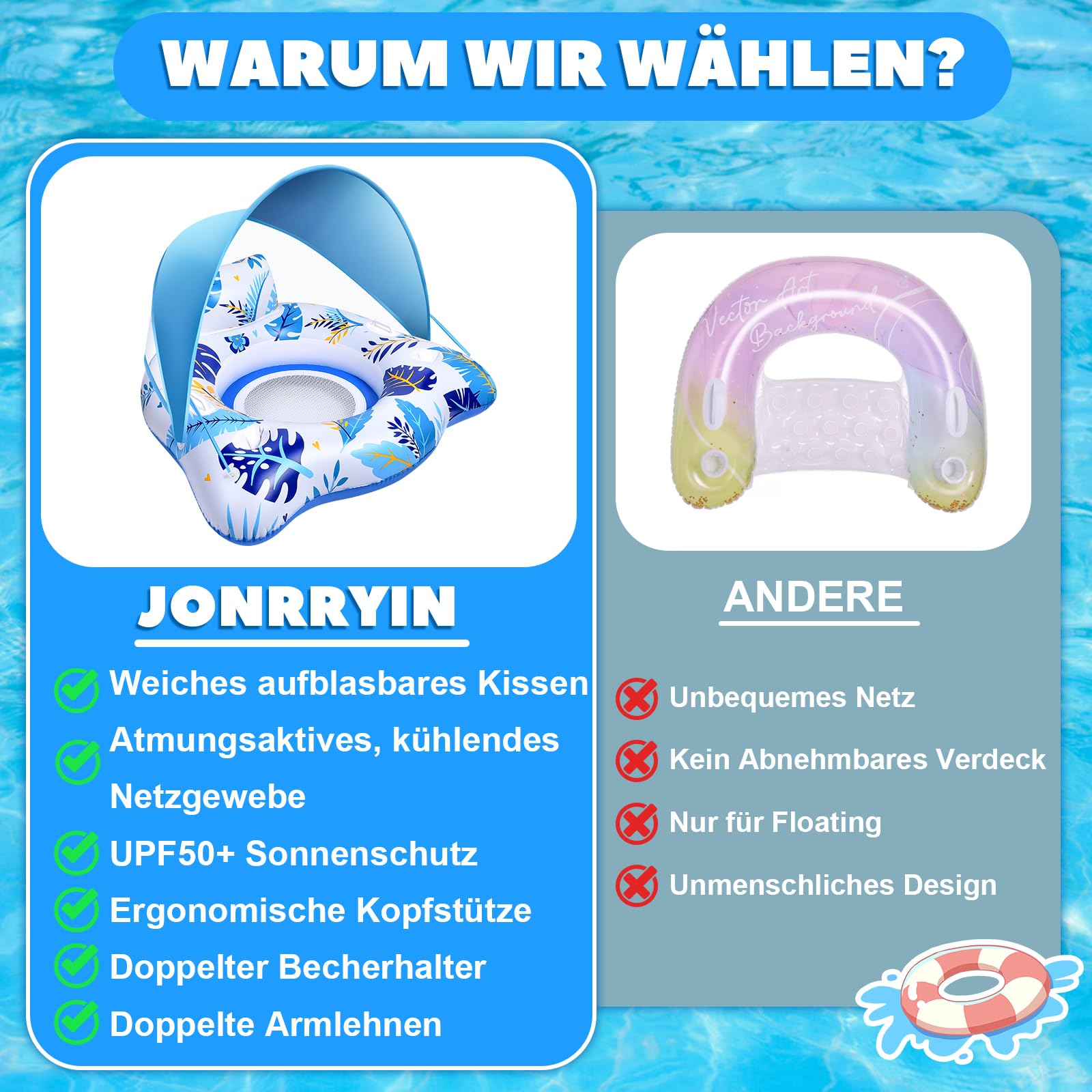 JONRRYIN Aufblasbare Pool Luftmatratze mit 2 Getränkehalter, Schwimmsessel Pool Erwachsene mit Verstellbarem Sonnendach und Rückenlehne, Float Aufblasbarer Schwimmring, Schwimmreifen Wasserspielzeug