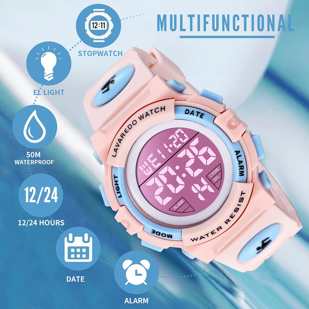 Diagram illustrating the multifunctional features of the A ALPS Kids Digital Sport Watch, including stopwatch, EL light, 50M waterproof, 12/24 hours, date, and alarm.