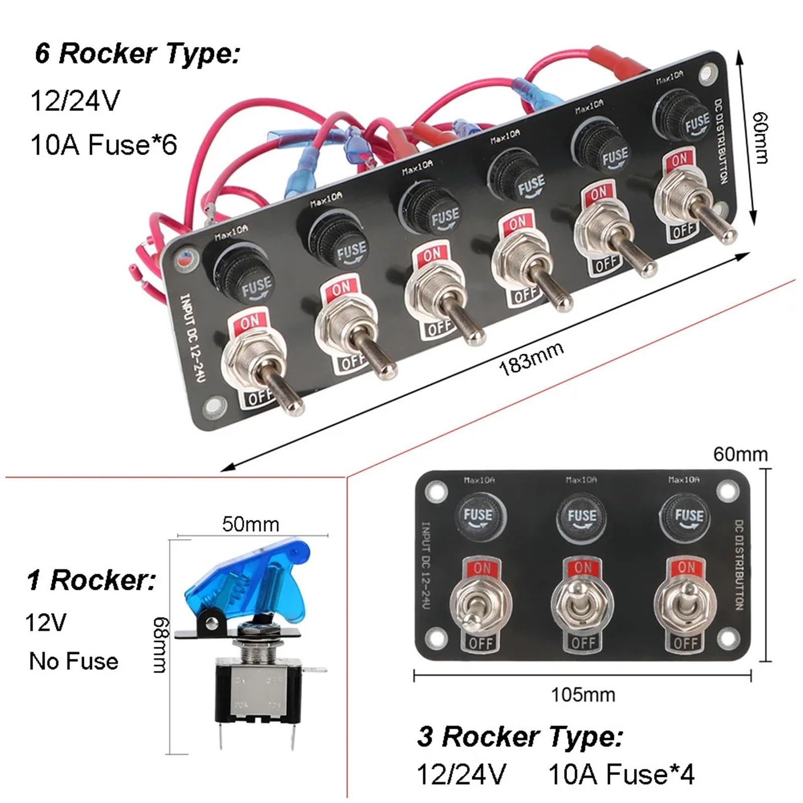 Panel de interruptores basculantes de 1/3/6 marchas for coche de s, control de arranque y parada, luz de palanca for RV, accesorios marinos for barco con fusible de 10 A, 12 V y 24 V(6 Rocker)
