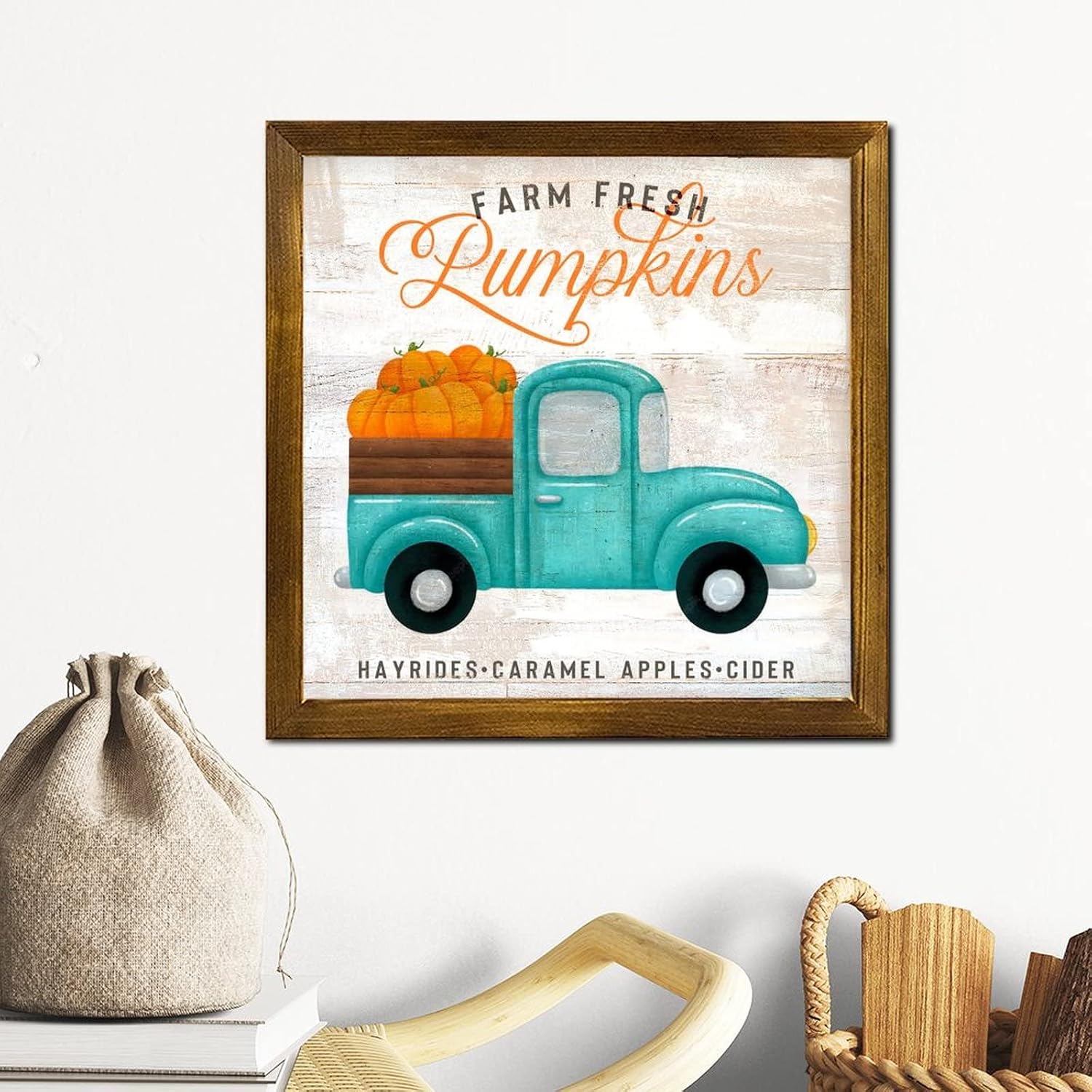 Farm Fresh Pumpkins Blue Truck Wood Framed Signs Maple Leaves Wood Panels Retro Harvest Thanksgiving Home Family Wall Decoration for Home Kitchen Bar Room Garage Bedroom 12x12 inch
