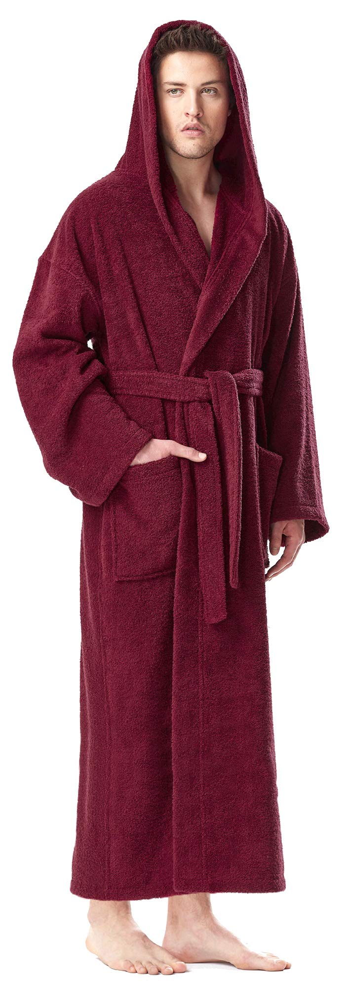 Arus Men's Burgundy Bathrobe For Hooded, 100% Cotton Terry, Calf Length, S-M