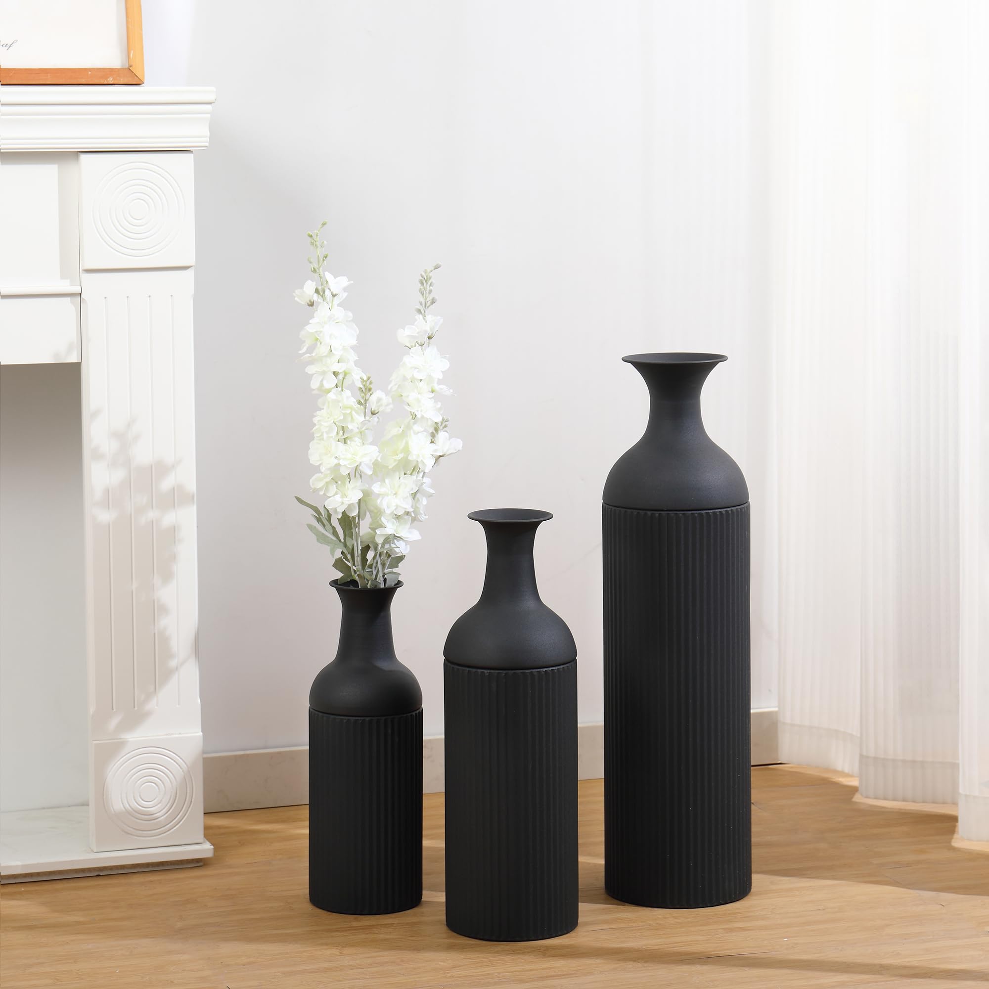 Hohe Vasen für den Boden, große Bodenvasen 3er-Set, hohe Blumenvase, Schwarze Metallvase für Wohnzimmer, Eingangsbereich, Büro, Esszimmer, Schlafzimmer, Kamin, Wohnecke