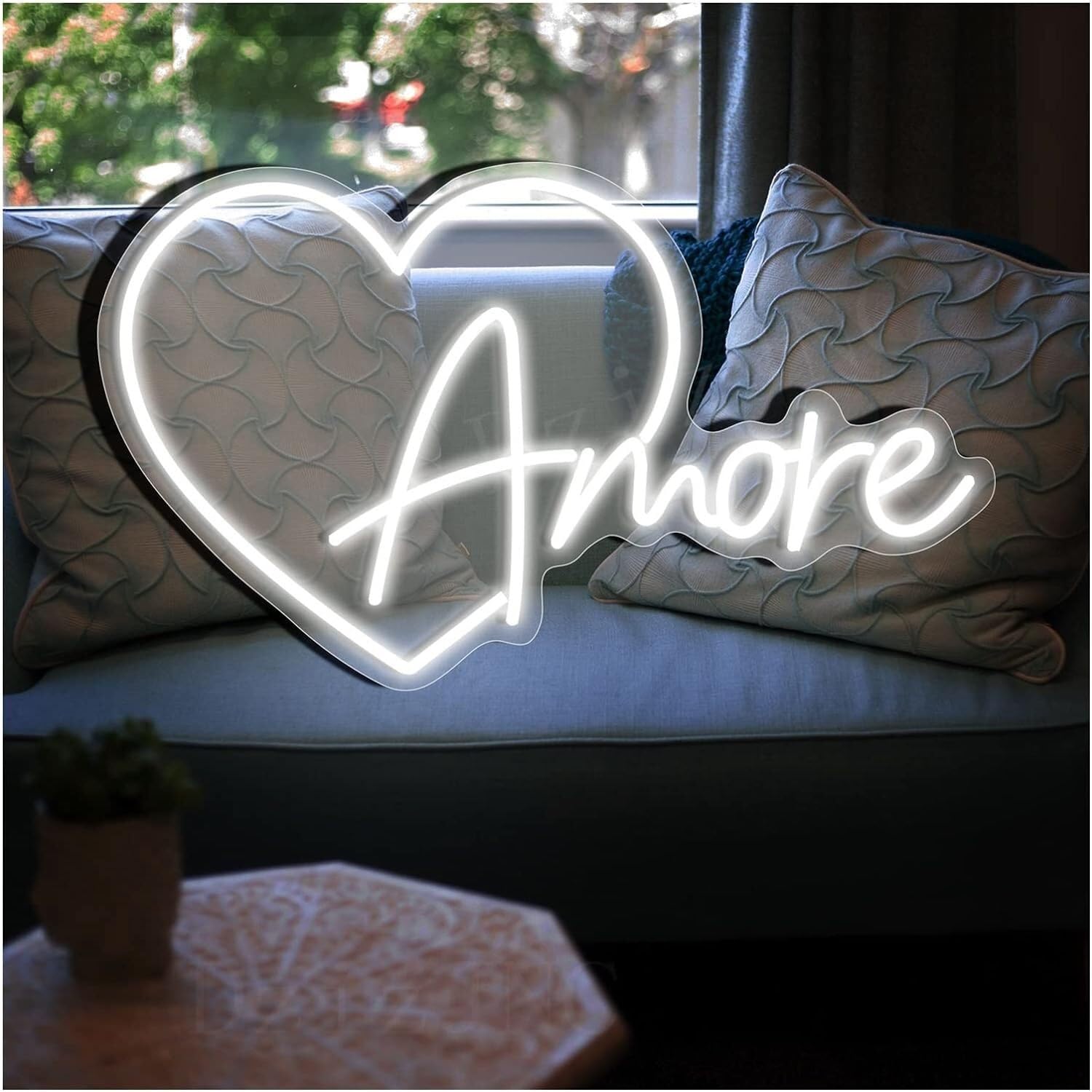 Señal de neón LED Amore luces de señal de neón, LED transparente colgante de pared, decoración de boda acrílica (56 x 34 cm)