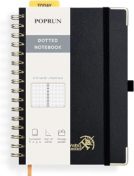 POPRUN Dotted Journal Spiral Notebook, A5 Bullet Dot Grid Journals for Women Men, 120 GSM Thick Paper, 141 Pages Hardcover Notebooks for Journaling, Drawing, Writing, 5.75 x 8.25, Black