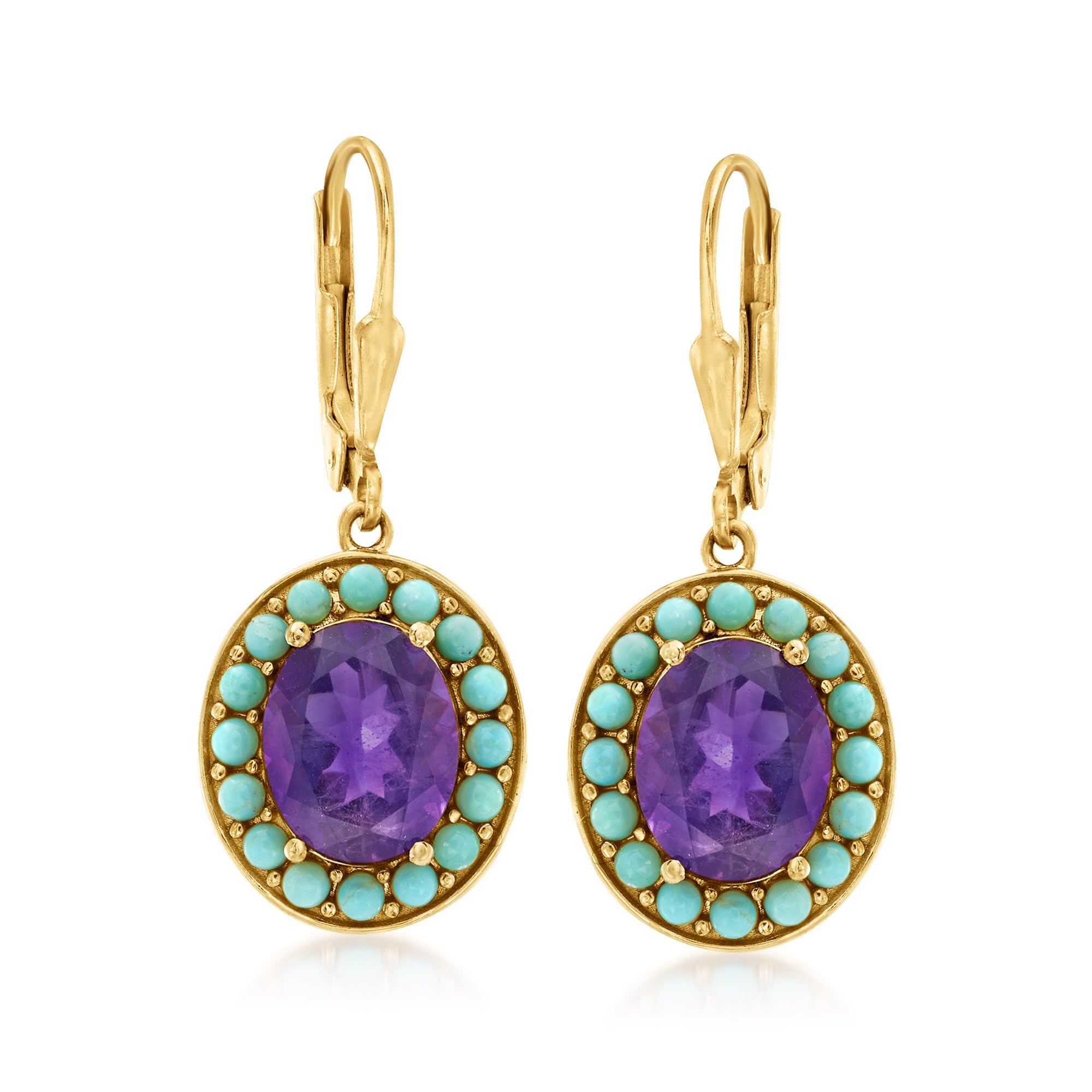 Ross-Simons Turquoise and 5 00 ct t w Amethyst Drop Earrings in 18kt Gold Over Sterling