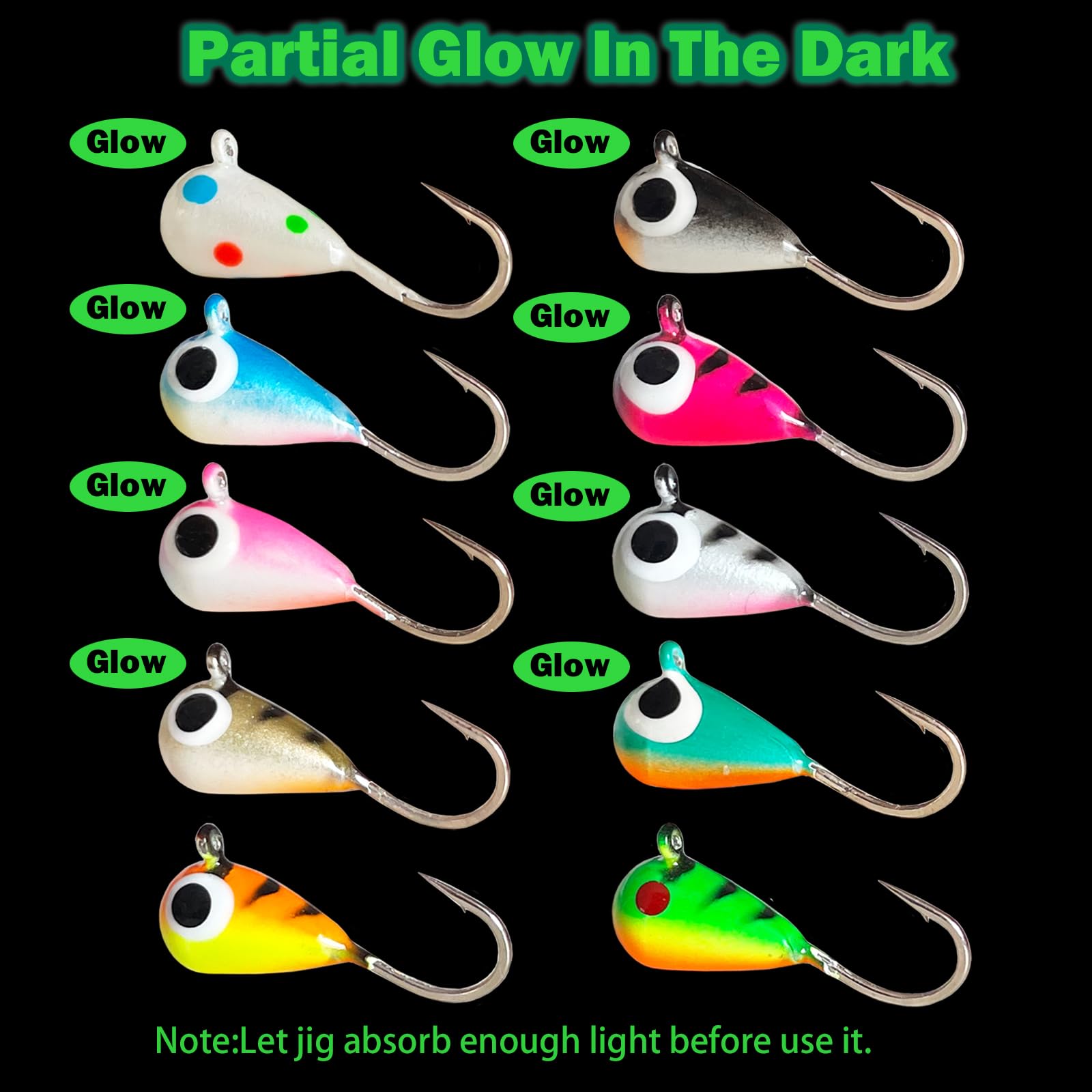 10pcs Tungsten Ice Fishing Jigs UV Glow in Dark Ice Fishing Lures Sensitive Tungsten Tear Drop Ice Fishing Jig Head for Crappie Panfish Walleye