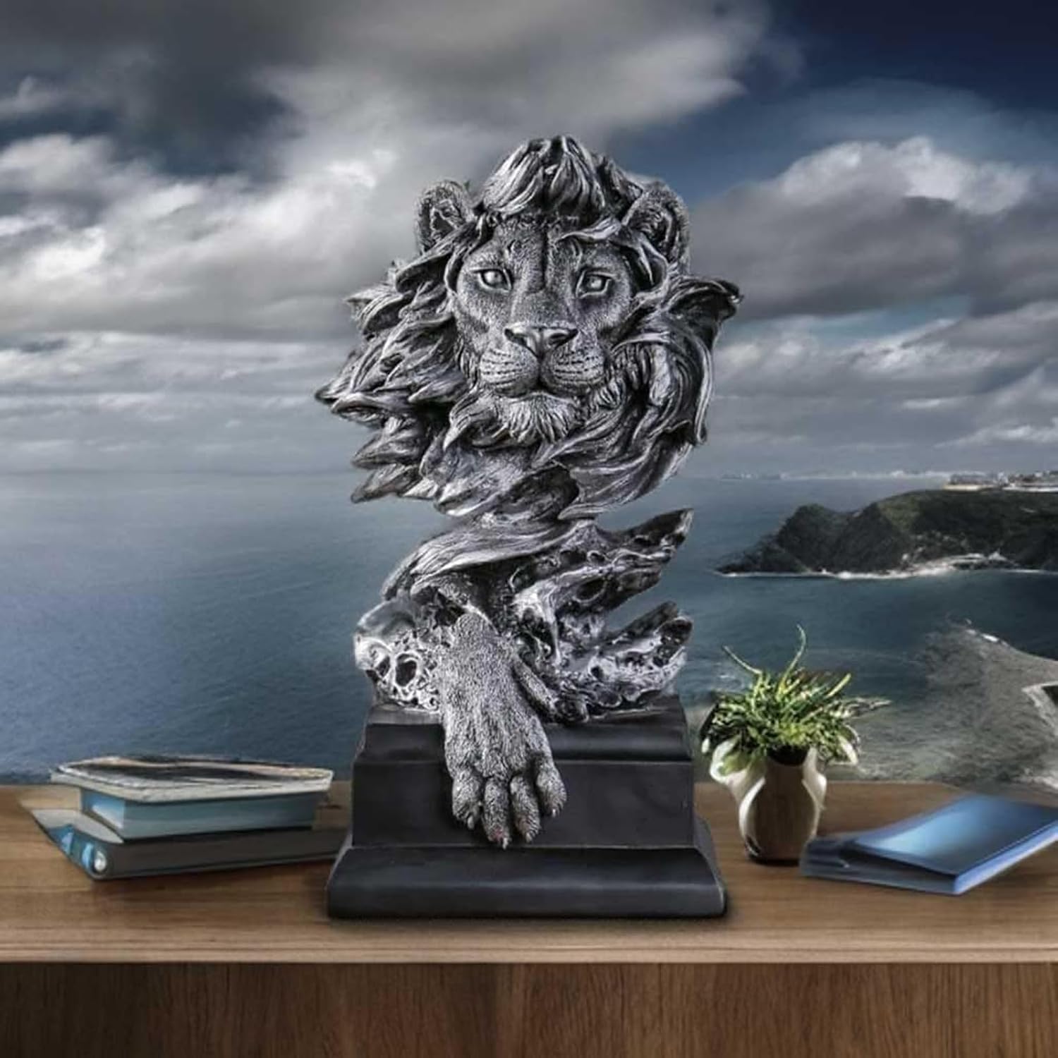 Figura de busto de león de resina de 12.5 pulgadas, escultura de animal coleccionable para decoración del hogar y la oficina, adorno de mesa para sala de estar, dormitorio y decoración de