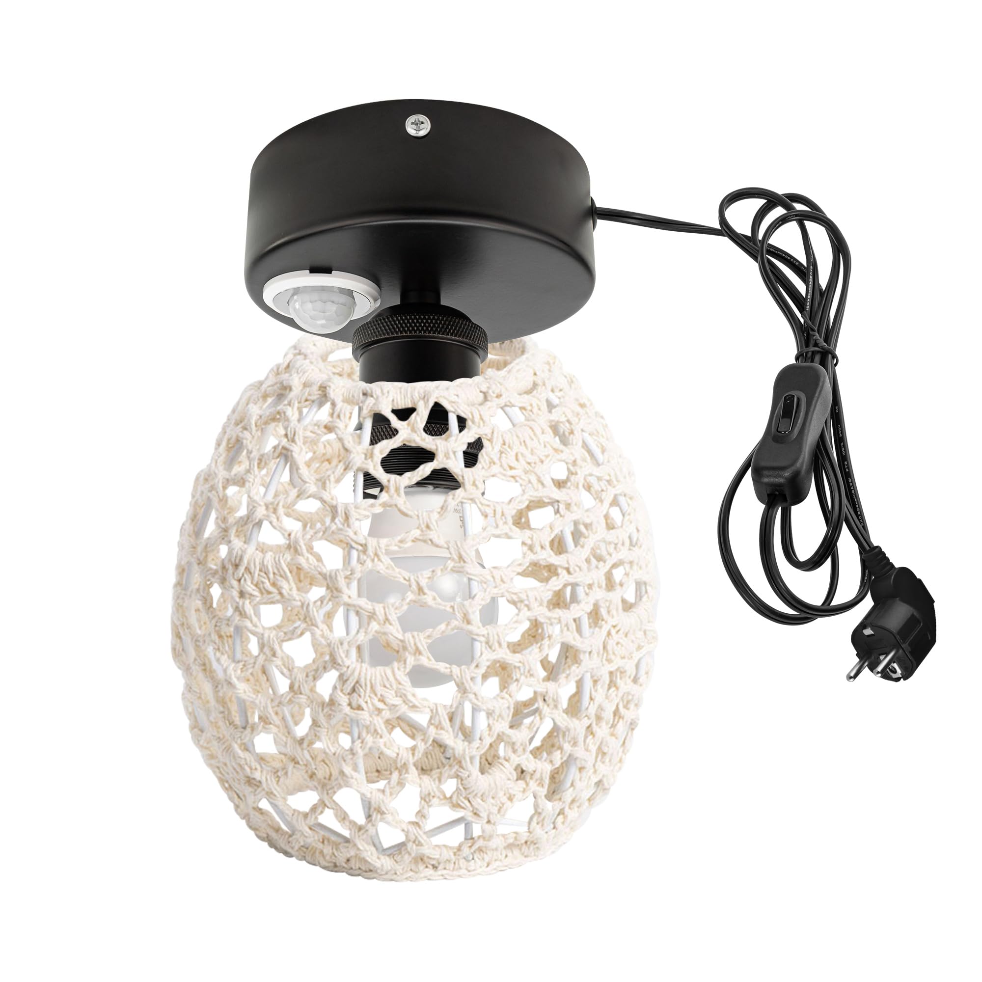 Plafoniera con rilevatore di movimento per interni, lampada da soffitto in rattan stile boho sensore di movimento radar con cavo da 4,5 m e portalampada E27 per corridoio, bagno, scale garage